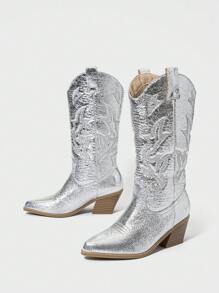 女士金属套脚中粗跟过膝长靴，西部牛仔风格刺绣设计，适合秋冬季节，银色，牛仔靴 - 銀色 - 查看 6