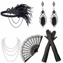 7pcs 1920s Women's Party Makeup Masquerade Headdress, Earrings, Feather Headpiece, Gloves, Bracelet, Cigarette Holder, Lace Hand Fan, 5-Piece Flapper Party Costume Set, Suitable For Halloween Party Prom - Black - View 4