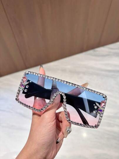 1pc Big Frame Rhinestone Integrated Windproof Fashion Fashion Glasses, Suitable For Outdoor Cycling, Driving, Fishing To Block Bright Light For Summer Beach Vacation,Outdoor,Travel