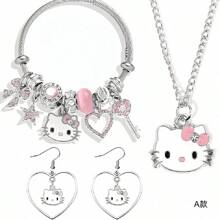 Conjunto con licencia de Sanrio de Hello Kitty de 3 piezas - Pulsera, Collar, Aretes con colgante en forma de corazón, ajustable, Charm de personaje de dibujos animados, joyería de metal rosa, regalo dulce de cumpleaños o San Valentín para niñas, amigos y familia