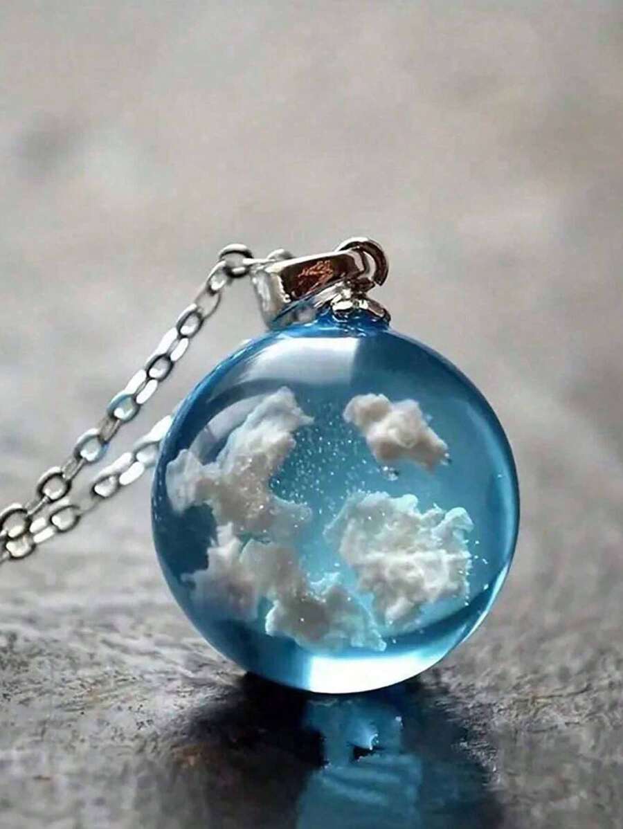 1 chiếc mặt dây chuyền hình quả cầu trong suốt phong cách thiên nhiên bầu trời xanh và mây trắng, mặt trăng và cây bằng nhựa. - Nhiều màu - Xem 1