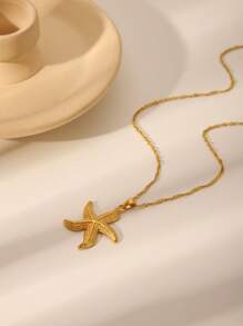 1 件时尚不锈钢 18K 镀金海洋生物系列项链，金色海星、贝壳、翅膀吊坠项链，适合女士日常佩戴、约会、节日和生日礼物 - 金色 - 查看 4
