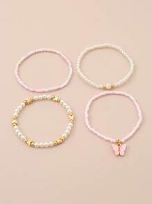Set de 4 piezas de tobilleras para niñas con perlas cultivadas, perlas de semilla, y diseños de mariposa y corazón - Multicolor - Ver 9