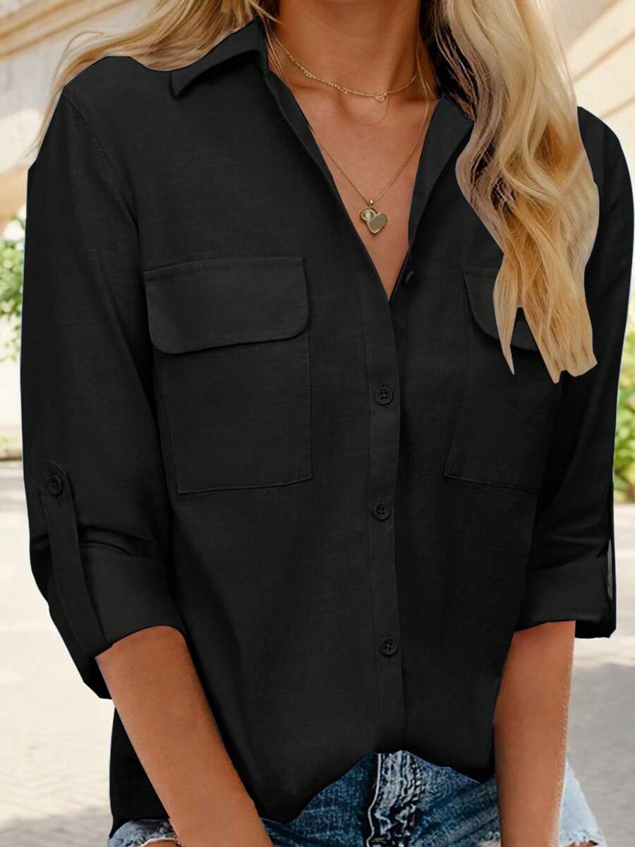 SANOPY Womens Blouses,Blouses For Women Dressy Casual,Long Sleeve Blouses For Women,Blouses For Women Business Casual,Work Blouses For Women,Women's Lapel Button Pocket Long Sleeve Shirt - 黑色 - 查看 1