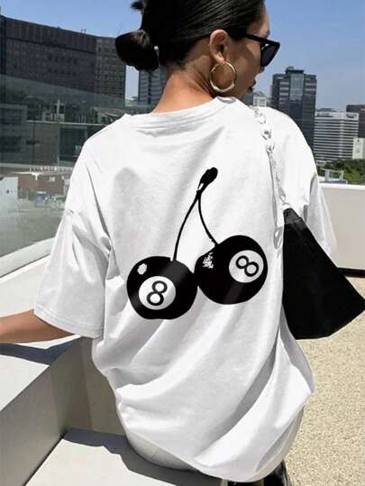 Women's Summer Cherry Simple Printed Pattern Round Neck T-Shirt Is Fashionable And Versatile. Graphic Tees Women White Top Black Top Pink Top