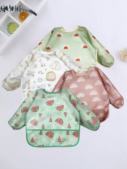 1pc Cartoon Waterproof Long Sleeve Bib, Soft Feeding Bib, Baby Smock, Lightweight For All Seasons, Easy To Clean, Great Gift For Christmas, Halloween, Thanksgiving, New Year, Valentine's Day, Easter