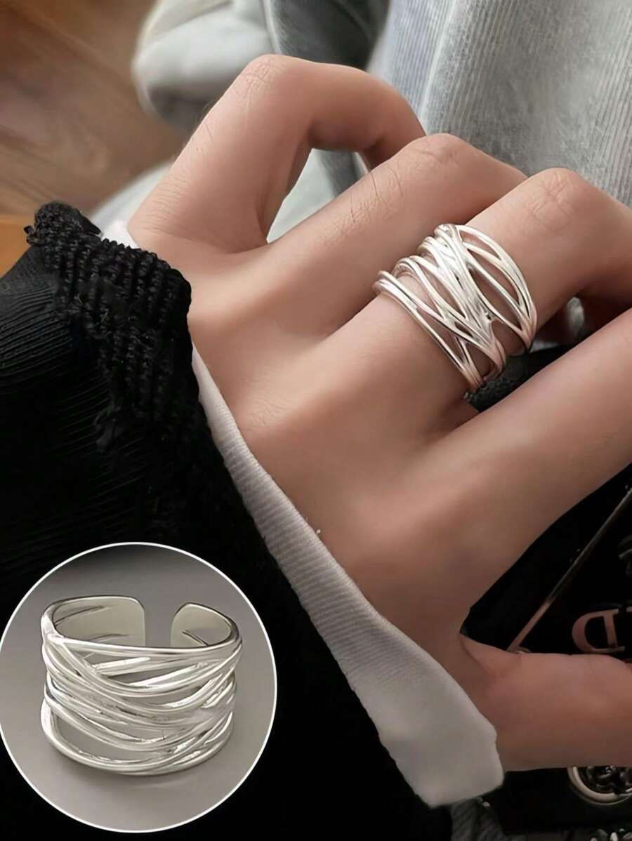 时尚宽边几何线条包裹一包纯银防过敏戒指 - 可调节哑光宽食指戒指女款 - 可调节戒指礼物送给朋友