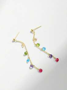 1 对 925 银彩虹色方晶锆石流苏吊坠耳环，适合女性日常佩戴 - 金黃色 - 查看 1