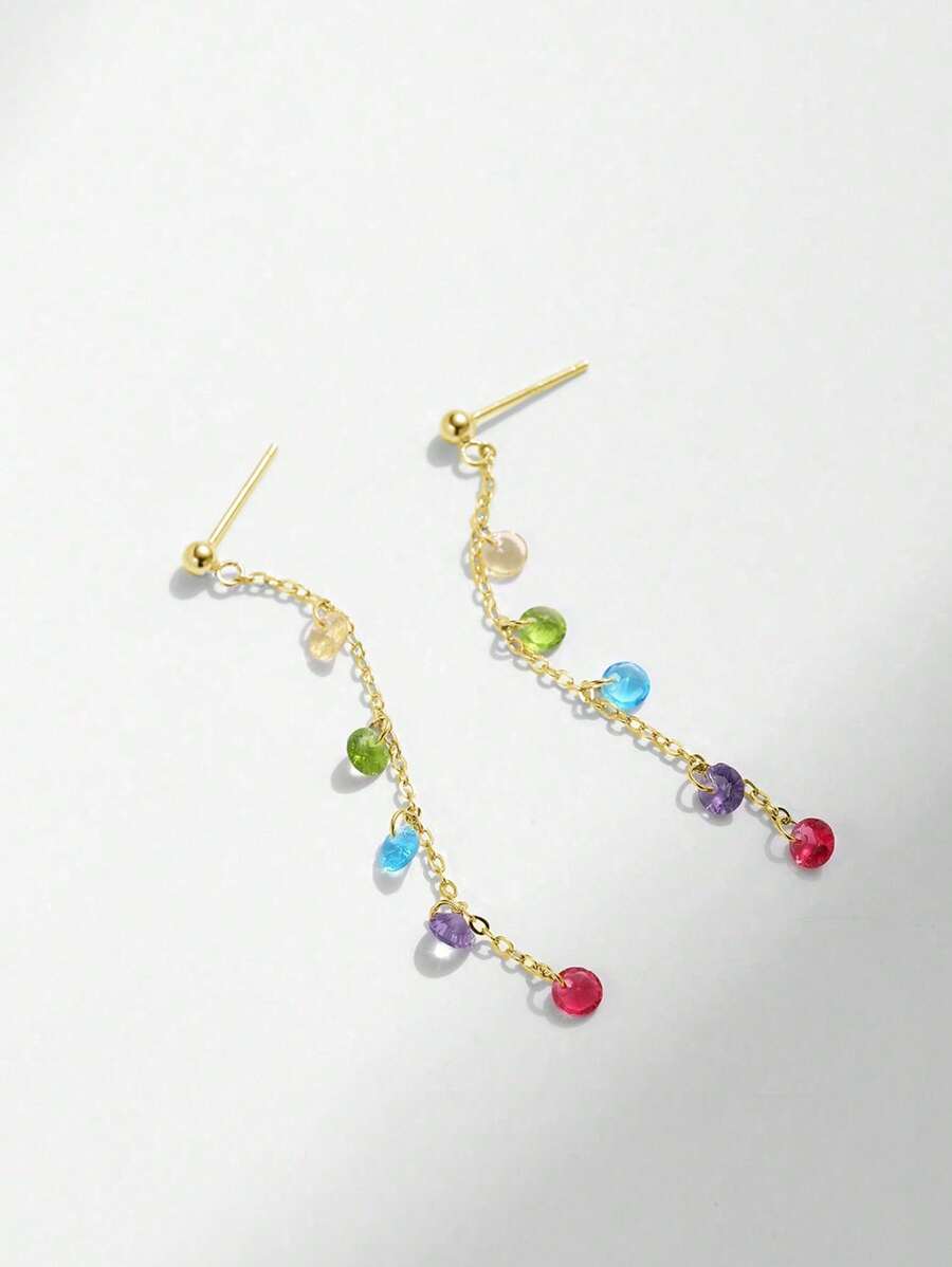 1 对 925 银彩虹色方晶锆石流苏吊坠耳环，适合女性日常佩戴 - 金黃色 - 查看 1