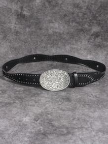 新款时尚复古雕花图案腰带，简约风格黑色牛仔裤装饰配饰