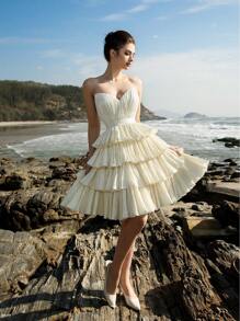 荷叶边露肩收腰蛋糕裙，优雅派对，新娘送礼会短裙，婚纱，新娘 - 米色 - 查看 3