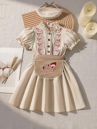 3pcs/Set Girls Casual Ruffle Floral Embroidery Puff Sleeve Dress + Matching Embroidered Belt + Headband