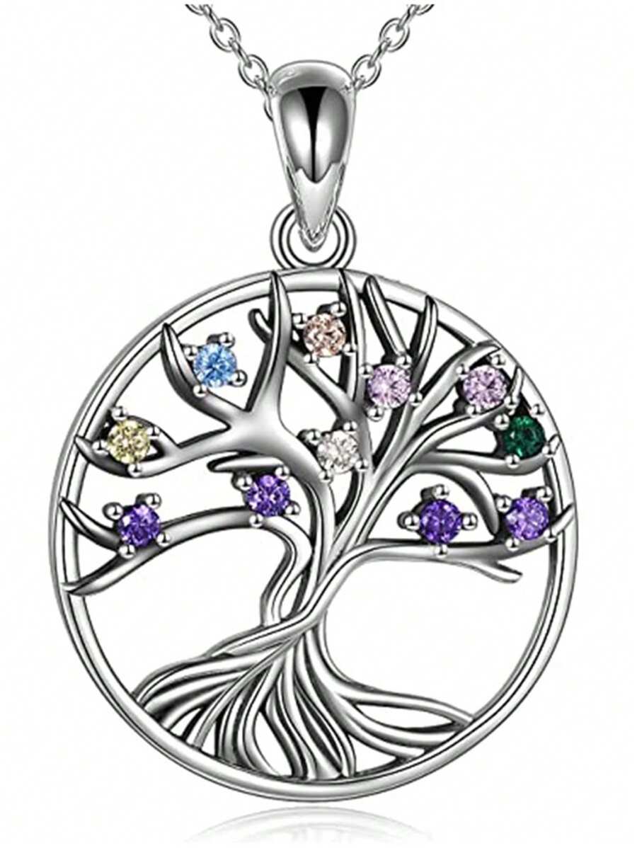 1pc Fashion Simple Life Tree With Rhinestone Hollow Circle Pendant Necklace For Women