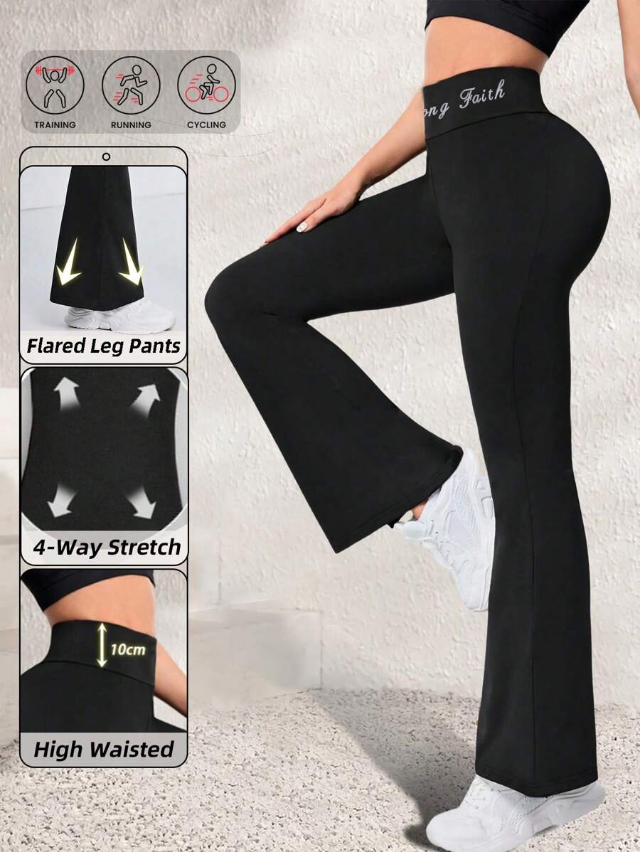 Yoga Legging Flare Pants With Letter High Waisted Hip Lifting Seamless Shape Wears Running Cycling Wide Leg Yoga High Stretchy Stretch Breathable Quick Drying Cooling Comfort Soft Basics Women Active Bottoms Solid Sports Trousers Workout Athletic Exercise Casual Outdoor Color Black
