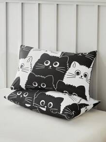 2/3 件黑白卡通猫图案印花涤纶羽绒被套，可爱儿童男孩女孩床上用品套装，适合卧室四季使用，拉链开合，可机洗（1 个羽绒被套 + 1/2 个枕套） - 黑與白 - 查看 7