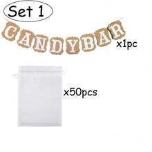 50pcs White Organza Drawstring Bags And CANDY BAR Craft Paper Tag Banners, Retro Wedding Party Decoration Ribbon Flag Venue Layout, European Wedding Supplies Candy Bags