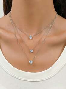 1 件多层项链，带心形、星星、月亮、水滴形吊坠设计，简约锌合金金属金色时尚个性化项链，适合女士日常佩戴