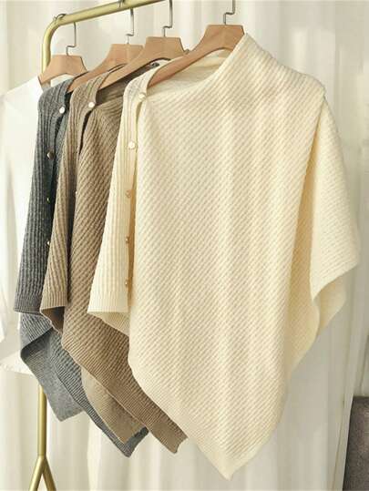 1件装女士新款针织多功能保暖纯色斗篷披肩，多功能纽扣格子围巾，可搭配连衣裙