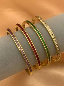 4pcs/3pcs/1pc 18K Gold-Plated Stainless Steel Bangle Bracelet With Luxury Rhinestone Design, Suitable For Gifts, Engagement, Daily Wear, Parties, Festivals, Beach Vacation - Gold - View 1