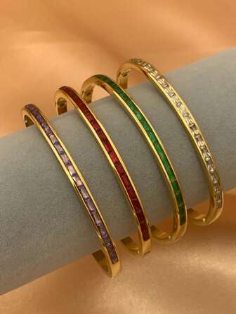 1pc Gold Metal Luxury Rhinestone Design Bracelet, Lightweight High-End Cross-Border Personalized Stainless Steel Jewelry, Suitable As Couple's Gift Or Engagement Present