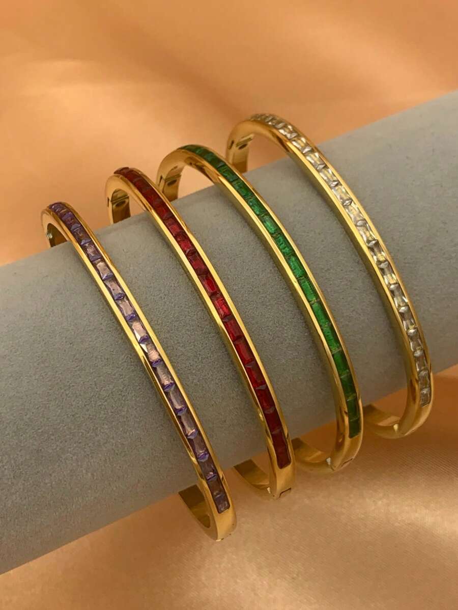 4pcs/3pcs/1pc 18K Gold-Plated Stainless Steel Bangle Bracelet With Luxury Rhinestone Design, Suitable For Gifts, Engagement, Daily Wear, Parties, Festivals, Beach Vacation - Gold - View 1