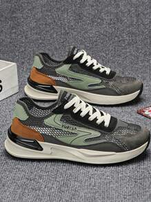 Spring/Summer Breathable Mesh Hollow-Out Men's Casual Sneakers, Sport Thick-Soled Running Shoes - Gray Green - View 2