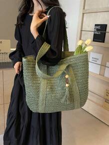 New Fashionable Versatile Tote Bag, Elegant Bohemian Woven Beach Vacation Travel Lightweight Shoulder Handbag With Tassel Pendant, Large Capacity Suitable For Women, College Students, Teens, Daily Commute & Shopping - Green - View 4