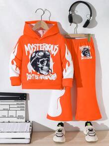 2 pièces/Set Jeune garçon sweat-shirt à capuche décontracté et léger avec imprimé lettre et crâne orange, Top à manches longues et pantalon long avec imprimé crâne noir, ensemble printemps/automne