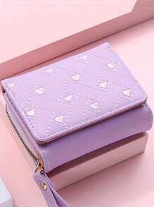 Furlong Lach 1 pieza Cartera corta de mujer con bordado en forma de corazón, cierre de cremallera versátil y sencillo, monedero con gran capacidad, cartera de mujer de tres pliegues con portador de tarjetas, mini cartera, cartera pequeña para mujer