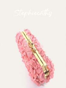 Bolso de mano de tela con aplicación floral de pétalos románticos y dulces, con marco metálico y cadena, elegante y fashionable para bodas, cenas, fiestas y citas, un regalo