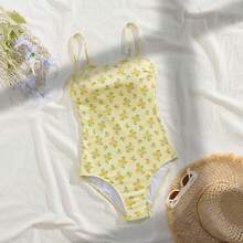 Women's Monokini One-Piece Swimsuit Summer Sleeveless Spaghetti Strap Floral Print Bathing Suit Swimwear - Yellow - View 3