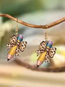 1 Pair Unique Acrylic Pencil & Bowknot Design Earrings, Creative Leopard, Cow Print, Plaid Pattern Drops For Graduation, Back-To-School, Teacher's Day, Please Remove Protective Film Before Use