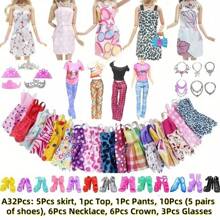 [32-Piece Deluxe Set・] Fashionable Outfit Gift Suitable For 11.5" Dolls (Includes 5 Summer Dresses + 1 Top + 1 Pants + 5 Pairs Of Shoes + 6 Necklaces + 6 Tiaras + 3 Glasses) - Materials & Designs, Mix & Match For Endless Looks! Fits Major Brand Dolls!