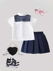 2 件装女婴休闲短袖衬衫和百褶裙套装，配有条纹披肩，舒适百搭，适合上学/休闲穿着 - 彩色 - 查看 2