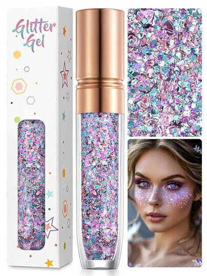 1pc Glitter Jelly Gel, Mermaid Shimmer Makeup, Glueless 3D Holographic Sparkling Flakes For Hair, Face, Eye Shadow, Body, Stage Makeup, Shimmery Effect, Skin-Friendly, Non-Greasy, Easy To Wash, Suitable For Carnival, Music Festival, Party, Holiday Celebration, Date, Wedding, Anniversary Gift