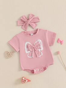Newborn Girls Bow Bodysuit Set - Short Sleeve Crew Neck Outfit With Headband For Summer - Pink - View 5
