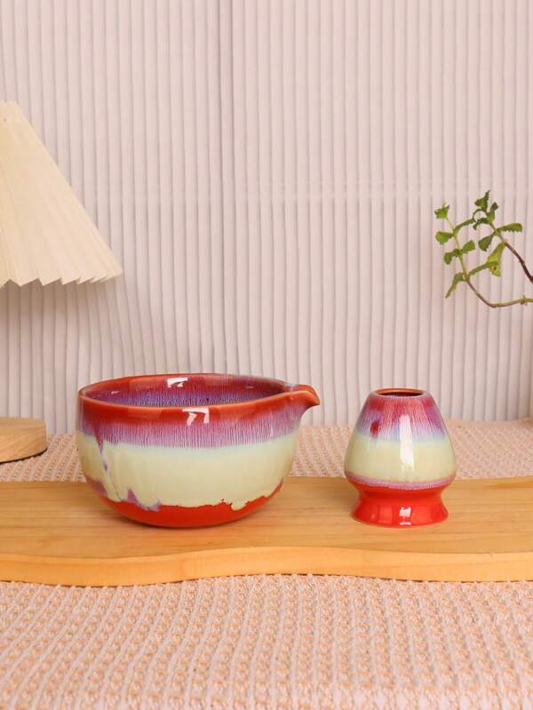 2pcs/Set Japanese Handmade Ceramic Matcha Tea Ceremony Tool Set, Including Matcha Bowl, Whisk, Spoon, Holder For Home And Cafe Use Back To School