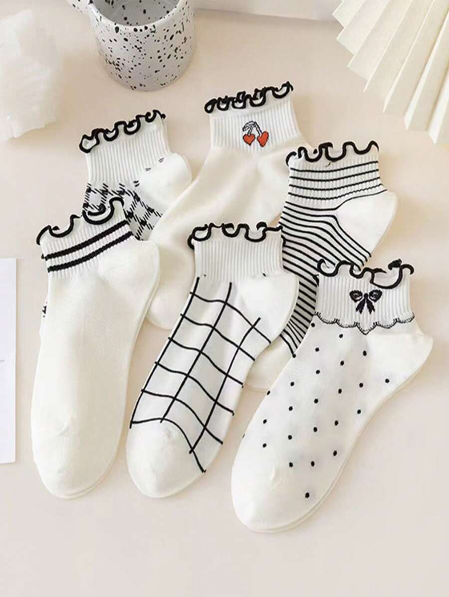 5 Pairs Girls Lace Trim Ankle Socks, Cute Sweet Thin Short Sock For Summer, Japanese Style Black/White, Random Colors - Multicolor - View 1
