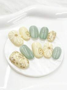 qihangxin 10片手工穿戴甲，黃色指甲，綠色貓眼，手繪金線與花朵，手繪3D水滴花，秋季風格，短款，橢圓形，杏仁形，附工具組，適合日常佩戴與節日禮物 - 彩色 - 查看 17