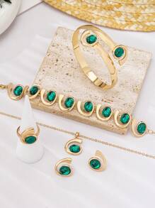 6 件/套优雅不对称水钻首饰套装，时尚女士新娘、夏季、派对、节日庆祝礼物包括手链、项链、耳环、戒指