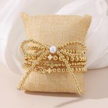 4/5/7/8pcs Simple Beaded Cross Faux Pearl Bow Bracelets Set, Women Vacation/Meet-Up/Birthday Gift, Daily Party & Casual Wear Accessory