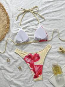 Bañador de mujer con flores de hibisco amarillas para los días de verano, desde la piscina hasta la playa, conjunto de bikini básico y elegante con decoración floral para playa