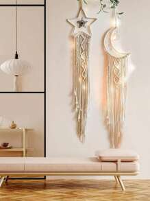 1 pièce Capteur de rêves tapisserie murale décorative tressée multicolore moderne et simple de style nordique, décoration murale créative pour la maison, la chambre à coucher, le salon, pendentif fait main avec étoile, lune et franges, décoration intérieure