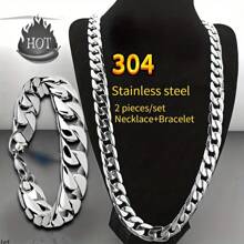 2pcs/ Set Stainless Steel Thick 8mm Cuban Link Chain 18-30" Men's Necklace And Bangle Set, Hip Hop Punk Couple Chain Hypoallergenic Titanium Jewelry For Nightclub Party, Gym Workout Cuban Link Chain Sweat- Resistant