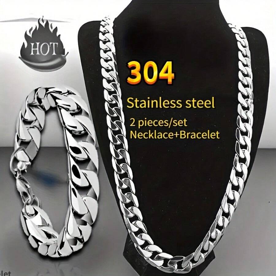 2pcs/ Set Stainless Steel Thick 8mm Cuban Link Chain 18-30" Men's Necklace And Bangle Set, Hip Hop Punk Couple Chain Hypoallergenic Titanium Jewelry For Nightclub Party, Gym Workout Cuban Link Chain Sweat- Resistant