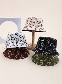 1 pieza Sombrero de cubo con estampado de letras y geométrico, estilo casual bohemio y callejero, en poliéster, con protección contra el viento y los rayos UV, para uso decorativo, sombrero de sol para actividades al aire libre como pesca, senderismo, primavera/verano, unisex