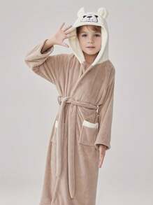 1 Stück Cartoon Bär Farbblock Korallenfleece Kinder Bademantel, weich & bequem, Kinder Bär Winter Nachtwäsche, dicker Kapuzen Lange Robe für Mädchen & Jungen