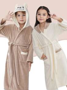 1 Stück Cartoon Bär Farbblock Korallenfleece Kinder Bademantel, weich & bequem, Kinder Bär Winter Nachtwäsche, dicker Kapuzen Lange Robe für Mädchen & Jungen