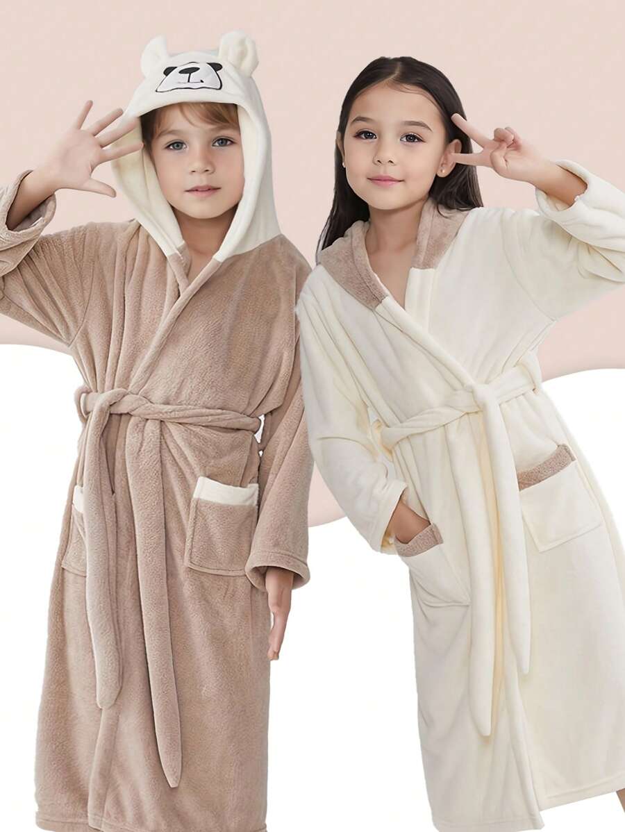 1 Stück Cartoon Bär Farbblock Korallenfleece Kinder Bademantel, weich & bequem, Kinder Bär Winter Nachtwäsche, dicker Kapuzen Lange Robe für Mädchen & Jungen