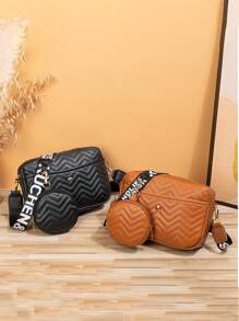 New Design 2pcs/Set Women Shoulder Bag With Wide Strap, Printed Small Square Bag With Fashionable Wave Embroidery, Crossbody Bag With Coin Purse